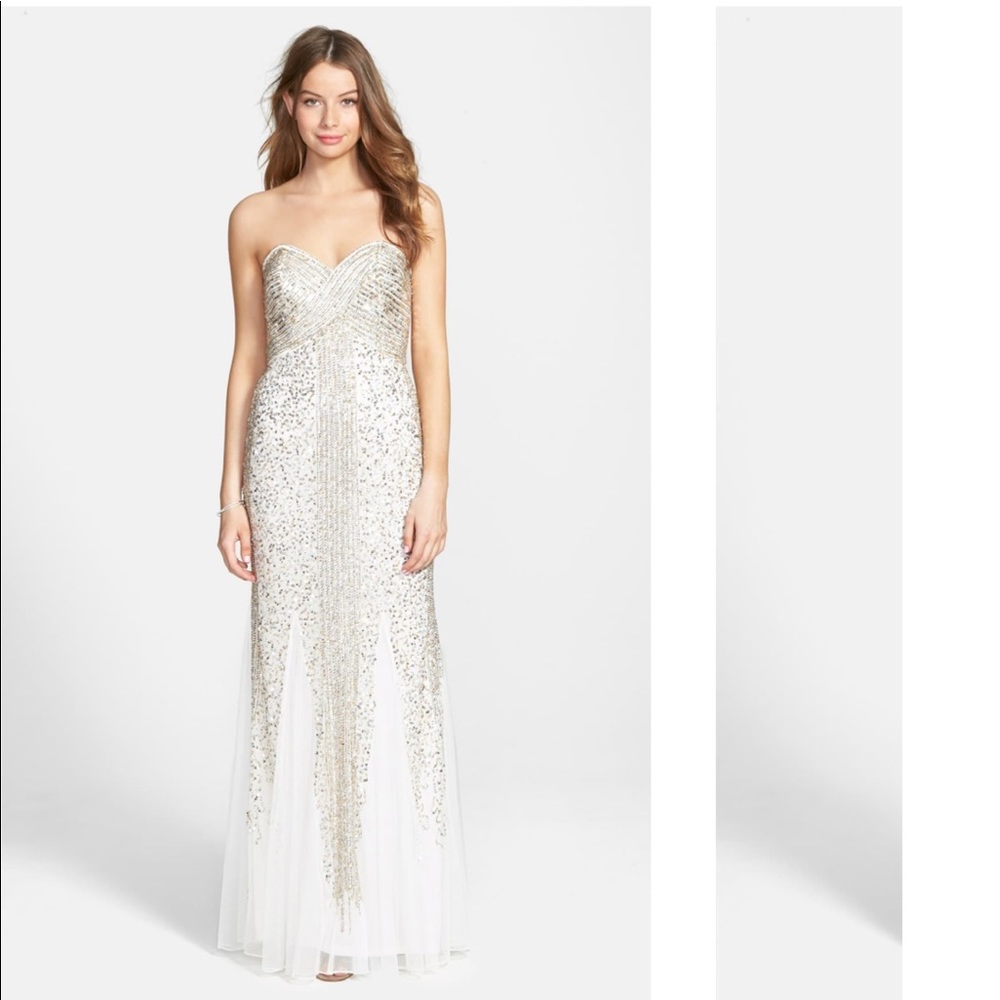 Joanna Chen Sequin Mesh Strapless Gown Silver